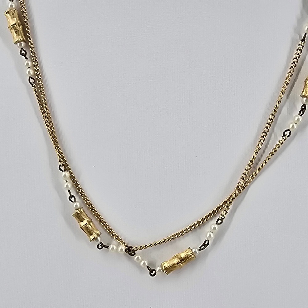 Vintage Gold Tone Bamboo Station Necklace Faux Pearl Long Opera Chain